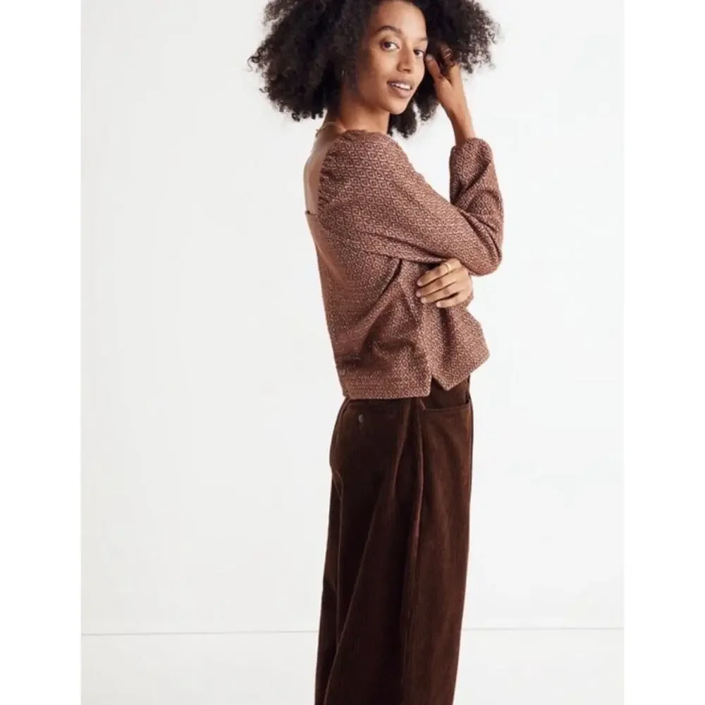 Madewell Jacquard Puff Sleeve Top Brown Women's XL Dark Merlot Fall